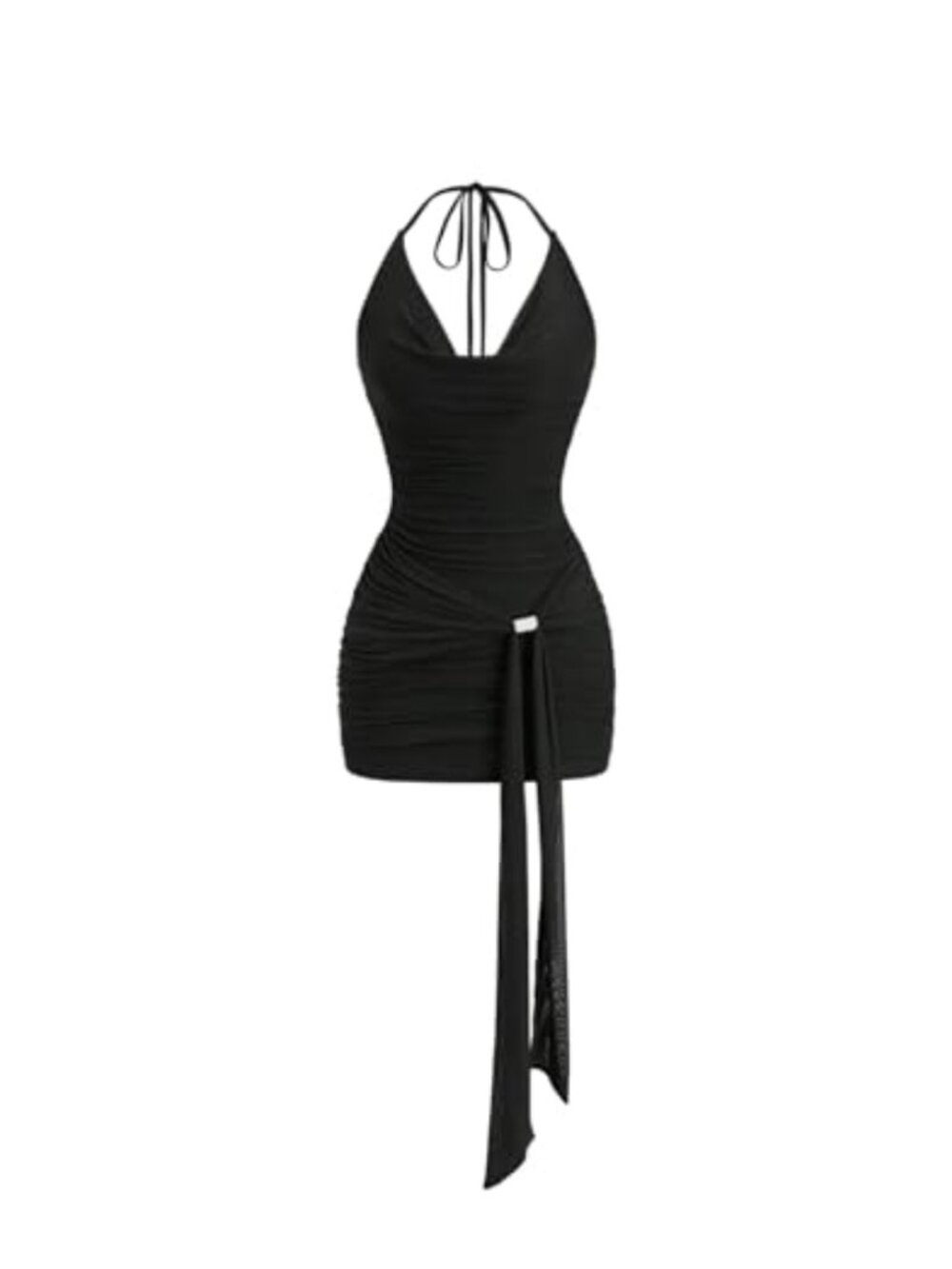 GORGLITTER Ruched Halter Bodycon Mini Dress Draped Cowl Neck Backless Party